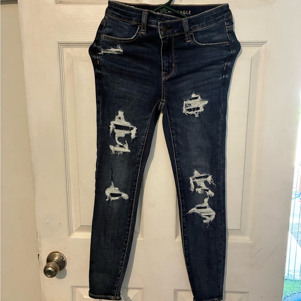 American Eagle Outfitters Women's Dark Blue Distressed Skinny Jeans